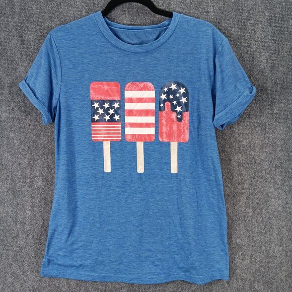 Patriotic American Flag Popsicle T Shirt Womens Medium Blue Cotton Graphic Print - Picture 1 of 12